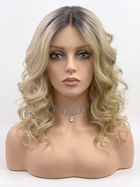 Glamvigor Hybrillia Blend Human Hair flirty Dark Blonde with Light & Golden Brown Roots mid-length layered waves  Lace Part  wig glp037