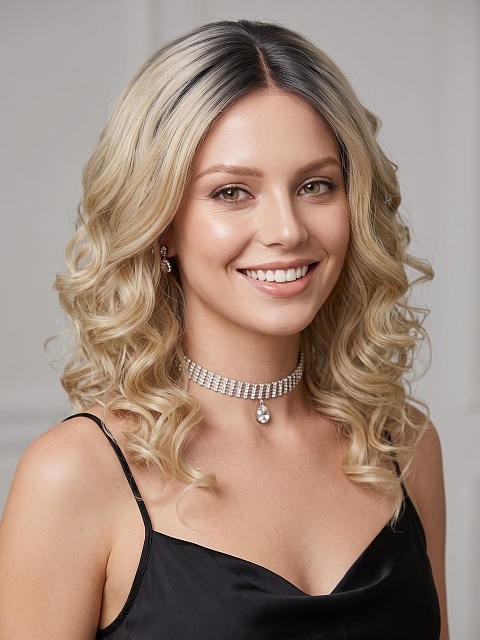 Glamvigor Hybrillia Blend Human Hair flirty Dark Blonde with Light & Golden Brown Roots mid-length layered waves  Lace Part  wig glp037