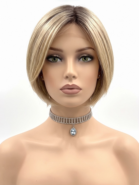 Glamvigor Hybrillia Blend Human Hair Light Ash Blonde Evenly Blended with Cool Platinum Blonde with Dark Roots multi-layered crop Wig (Basic Cap) GBC019