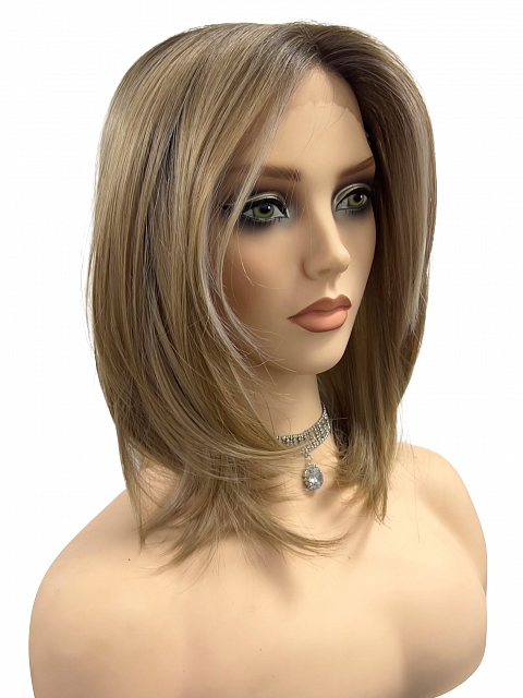 Honey blonde  with platinum blonde highlights strands in the front Straight Synthetic Lace Part Wig GLP053