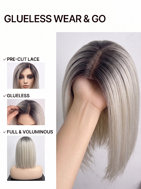  Glamvigor Hybrillia Blend Human Hair ICED BLONDE WITH Dark Roots Straight PRE-CUT Lace Part Wig GLP078