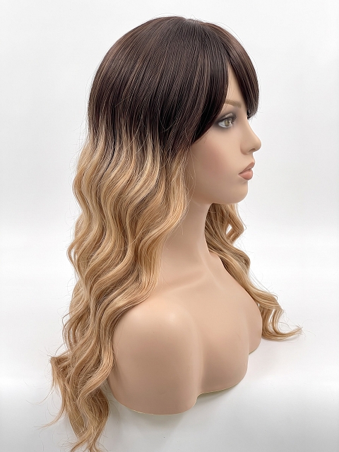 Glamvigor Hybrillia Blend Human Hair long blonde ombre layered wavy with Bangs Lace Part Wig GLP082