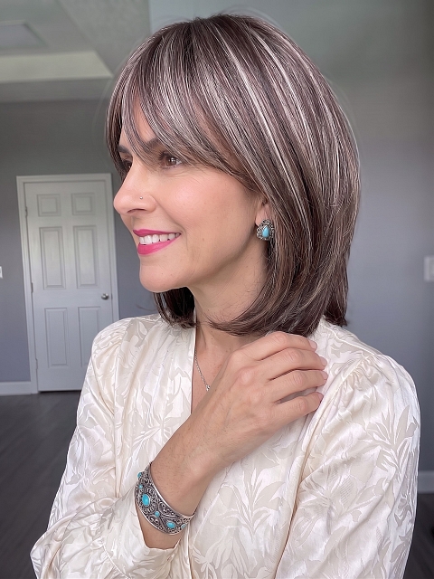 Glamvigor Hybrillia Blend Human Hair Natural soft brunette with highlights shoulder-length bob  with bangs Lace  wig glp038