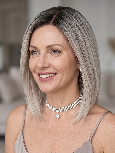  Glamvigor Hybrillia Blend Human Hair ICED BLONDE WITH Dark Roots Straight PRE-CUT Lace Part Wig GLP078