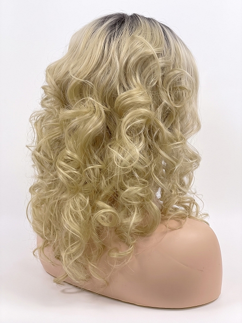 Glamvigor Hybrillia Blend Human Hair flirty Dark Blonde with Light & Golden Brown Roots mid-length layered waves  Lace Part  wig glp037