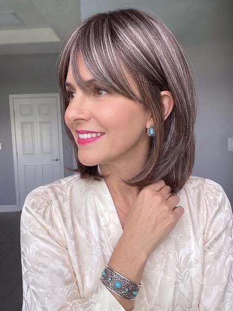 Glamvigor Hybrillia Blend Human Hair Natural soft brunette with highlights shoulder-length bob  with bangs Lace  wig glp038