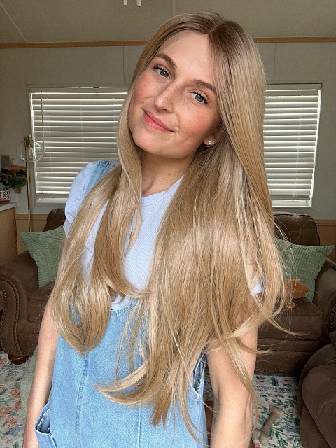Glamvigor Hybrillia™ Blend Human Hair Dazzling Honey Blonde ombre lengthy textured layered fall to mid-back  Lace Part Wig GLP028