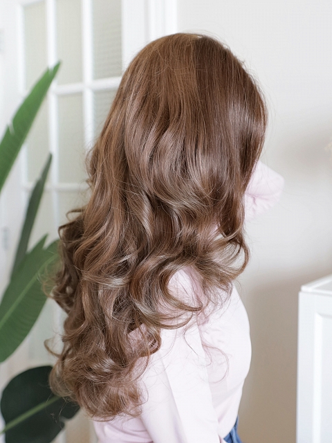 Warm Cinnamon Brown long layered loose beachy waves Synthetic Lace Part Wig GLP018