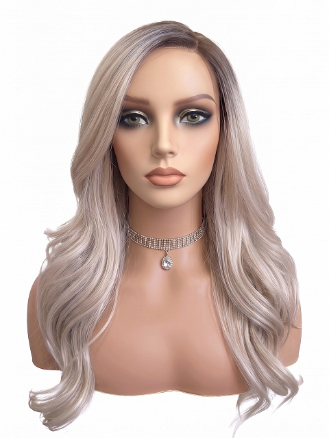 Glamvigor Hybrillia™ Blend Human Hair Cool Platinum Blonde with Dark Roots  long layered PRE-CUT Lace Part Wig GLP074