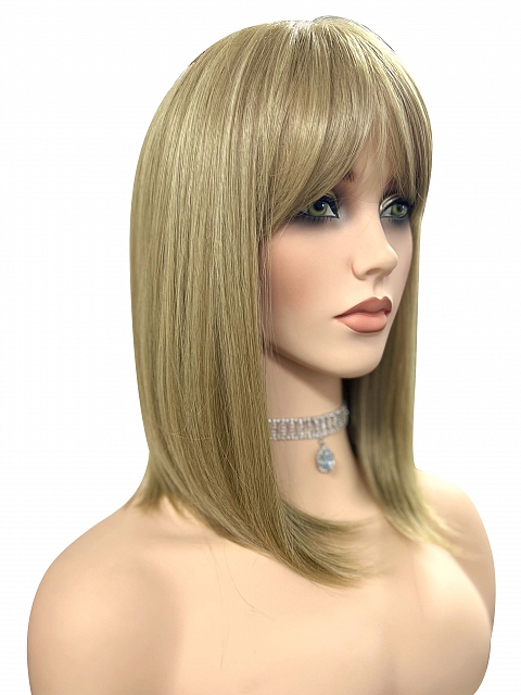 Trendy Ash Blonde mid-length with full wispy bangs Synthetic Lace Part Wig glp034