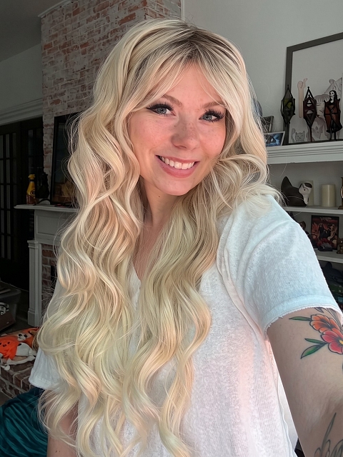 Glamvigor Hybrillia™ Blend Human Hair Milkshake Blonde ombre long layered wavy with Bangs Wig (Basic Cap) GBC025