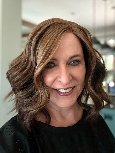 Glamvigor Hybrillia™ Blend Human Hair Brown with Medium Red-Gold Blonde Highlights  carefree wavy layered Lace Part Wig GLP044