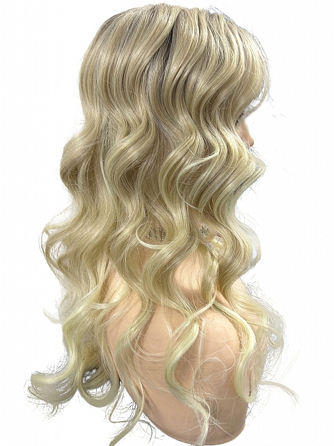 Glamvigor Hybrillia™ Blend Human Hair Milkshake Blonde ombre long layered wavy with Bangs Synthetic Wig (Basic Cap) GBC025