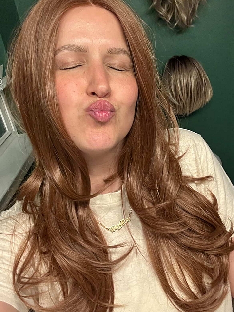 Glamvigor Hybrillia™ Blend Human Hair Ginger copper with light copper highlights long cascading style Synthetic Lace Part Wig GLP058