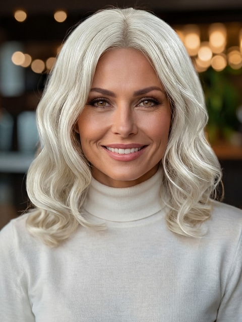 Glamvigor Hybrillia™ Blend Human Hair Platinum blonde beach wavy with side bangs Lace Part Wig GLP048