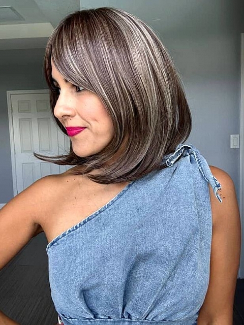 Natural soft brunette with highlights shoulder-length bob  with bangs synthetic Lace Part  wig glp038