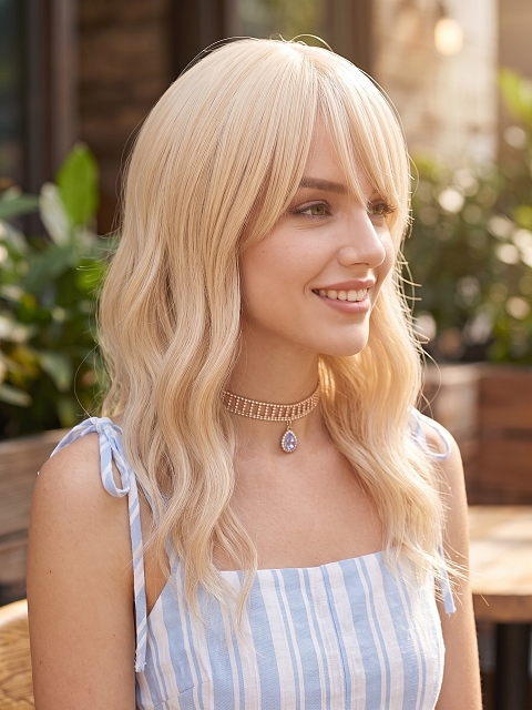Glamvigor Hybrillia Blend Human Hair blonde wavy with Bangs Lace Part Wig GLP083