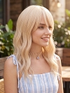 Glamvigor Hybrillia Blend Human Hair blonde wavy with Bangs Lace Part Wig GLP083
