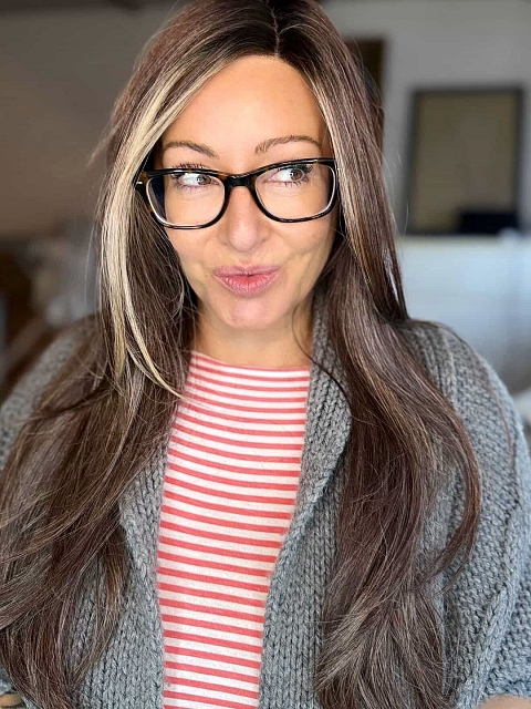 Glamvigor Hybrillia™ Blend Human Hair Beige Blonde and Auburn Blended with Medium Brown Roots  long layered glamorous  Lace SIDE Part  wig glp042