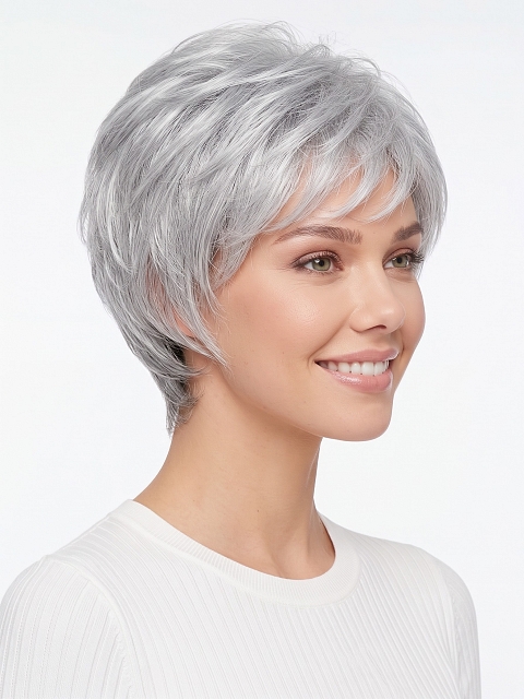 Glamvigor Hybrillia Blend Human Hair Light Gray with 20% Medium Brown Evenly Blended with Pure White short, barely waved layered  Wig (Basic Cap) GBC022