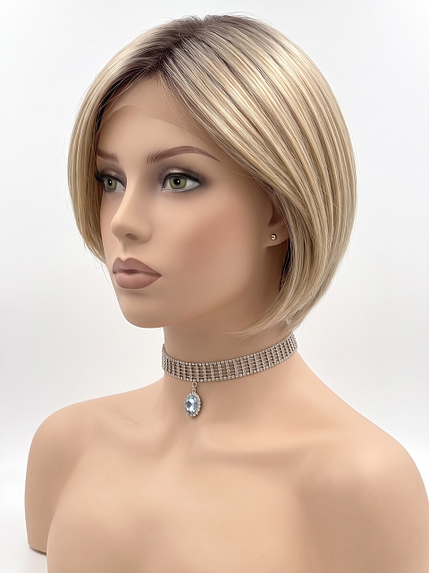 Glamvigor Hybrillia Blend Human Hair Light Ash Blonde Evenly Blended with Cool Platinum Blonde with Dark Roots multi-layered crop Wig (Basic Cap) GBC019