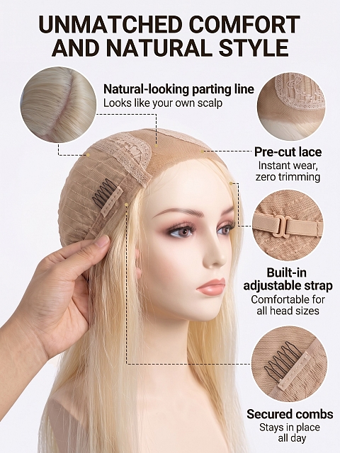 Hybrillia™ Blend Human Hair long BEACH BLONDE  PRE-CUT Lace Part  Wig GLP070