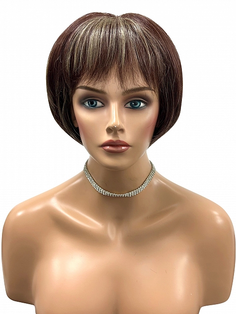 Medium Auburn base with Blonde Highlights Short  bob with soft bangs Synthetic Wig (Basic Cap) GBC005