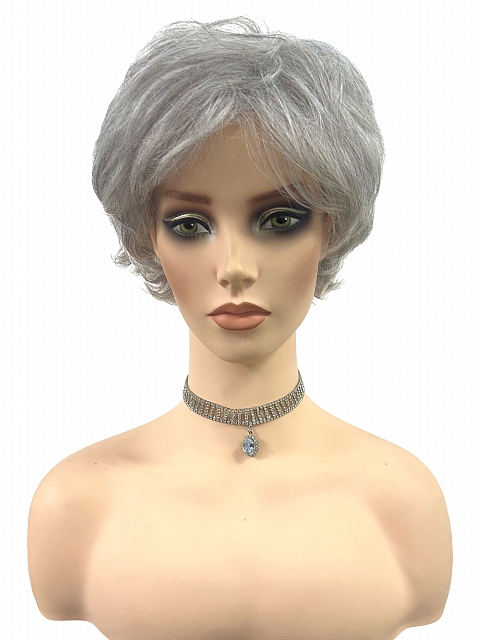 Glamvigor Hybrillia™ Blend Human Hair Light Gray with 20% Medium Brown Evenly Blended with Pure White short, barely waved layered  Wig (Basic Cap) GBC022