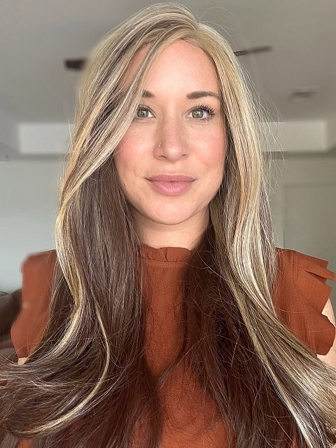 Glamvigor Hybrillia™ Blend Human Hair Warm Brown mixed Blonde long straight layered Lace Part Wig GLP002