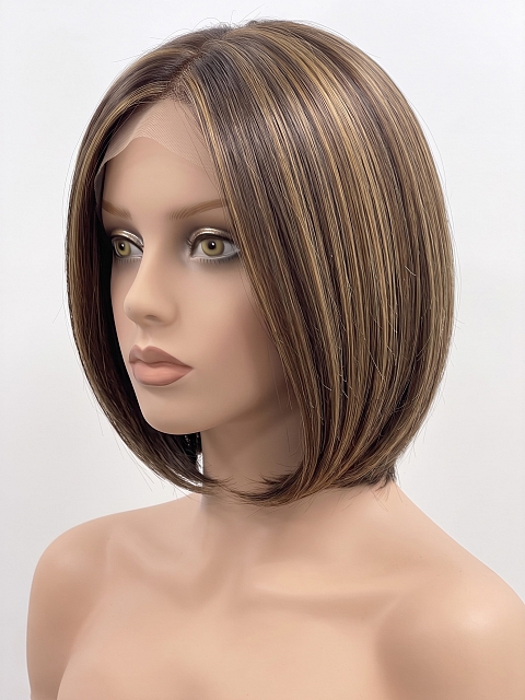 Glamvigor Hybrillia Blend Human Hair Stunning Medium Brown With Ginger Red Highlights medium bob haircut  Mono TOP Wig GMT005