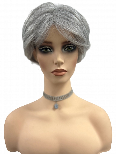 Light Gray with 20% Medium Brown Evenly Blended with Pure White short, barely waved layered  Synthetic Wig (Basic Cap) GBC022