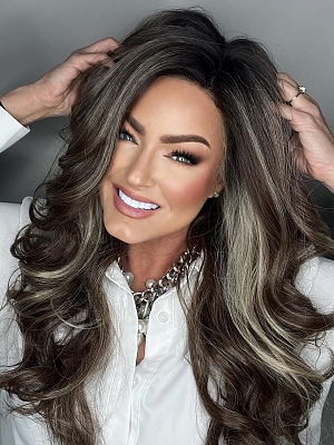 Glamvigor Hybrillia&trade; Blend Human Hair Gorgeous Brown with Light Honey Blonde Highlights and Dark Roots long bouncy barrel wavy  Lace Part Wig GLP015