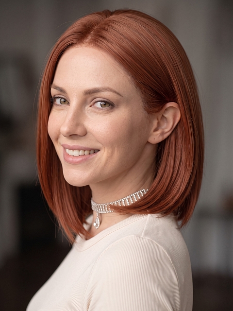 Glamvigor Hybrillia Blend Human Hair Dark Auburn Evenly Blended with Ruby Red classic chin length bob  wig glp033