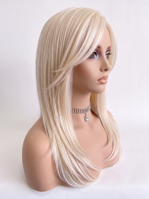 Glamvigor  Hybrillia Blend Human Hair long beach blonde with bangs PRE-CUT Lace Part Wig GLP070