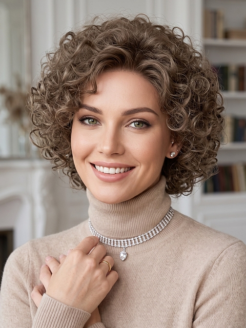 Glamvigor Hybrillia Blend Human HairWarm brown Spiral-wavy layered bob Wig (Basic Cap) GBC014