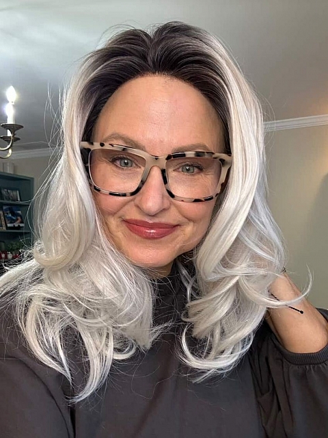 Glamvigor Hybrillia™ Blend Human Hair Ombre Silver White Wavy with side bangs  Lace Part Wig GLP047