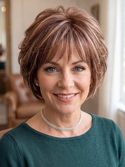 Glamvigor Hybrillia Blend Human Hair Trendy Medium Auburn  with Blonde Highlights Short  bob with bangs Wig (Basic Cap) GBC005