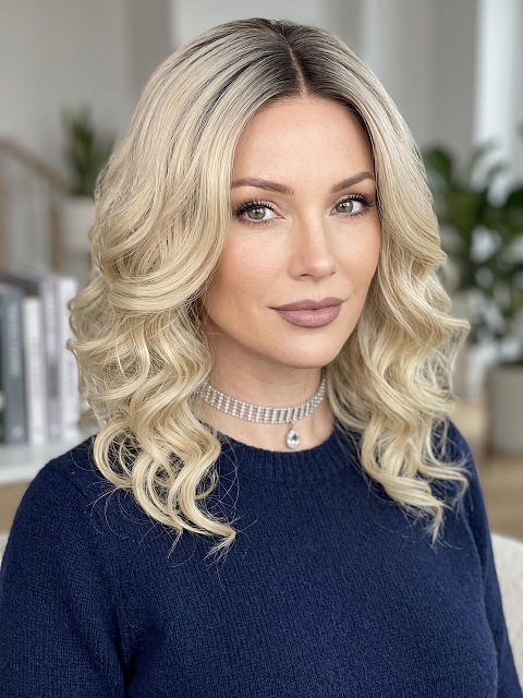 Glamvigor Hybrillia™ Blend Human Hair flirty Dark Blonde with Light & Golden Brown Roots mid-length layered waves  Lace Part  wig glp037