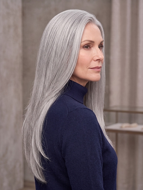 Glamvigor Hybrillia Blend Human Hair Light Grey long layered PRE-CUT Lace Part Wig GLP073