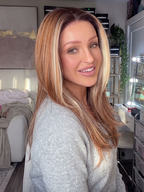 Glamvigor Hybrillia Blend Human Hair Light Red Brown Gold Blonde Highlights straight long layered Lace Part Wig GLP045