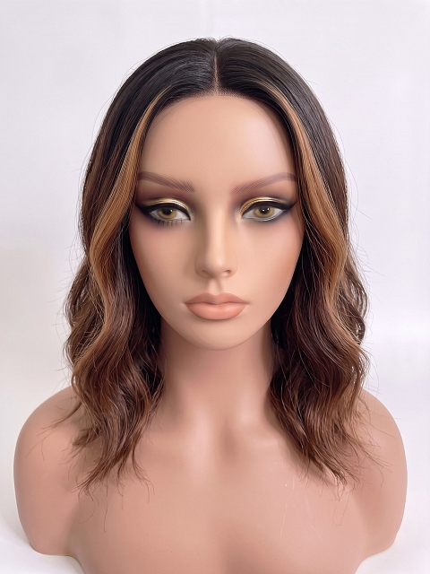 Glamvigor Hybrillia Blend Human Hair  ombre Auburn with  Blonde hights shoulder-length wavy PRE-CUT Lace Part Wig GLP079