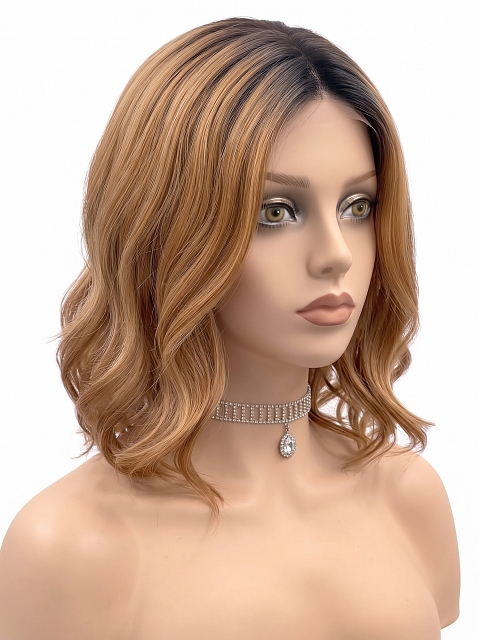 Glamvigor Hybrillia Blend Human Hair Fashion Ginger Blonde with Dark Roots Falling below the shoulders gentle wavy Lace Part Wig GLP019