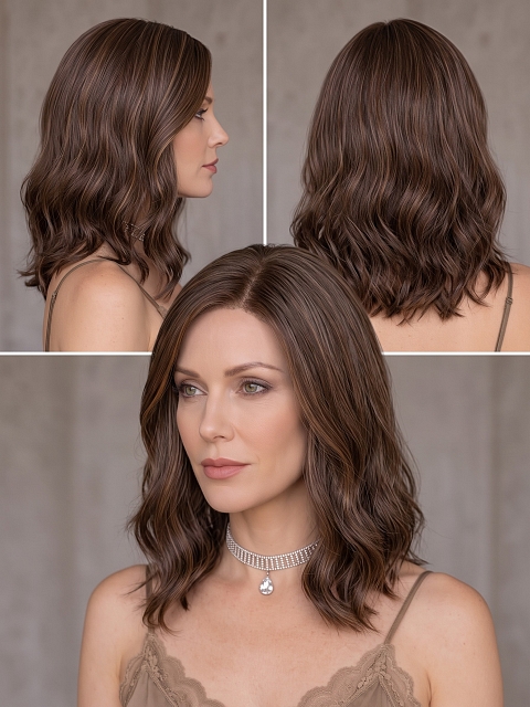 Glamvigor Hybrillia Blend Human Hair Trendsetting  Medium Brown layered wavy  Lace Part Wig GLP024