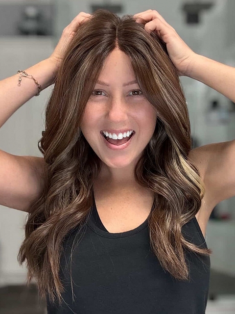 Gorgeous Brown with Light Honey Blonde Highlights and Dark Roots long bouncy barrel wavy  Synthetic Lace Part Wig GLP015