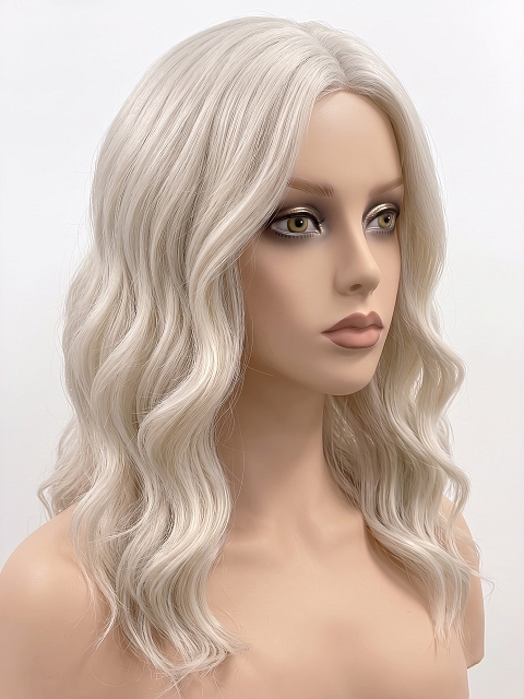 Glamvigor Hybrillia Blend Human Hair Platinum blonde beach wavy with side bangs Lace Part Wig GLP048