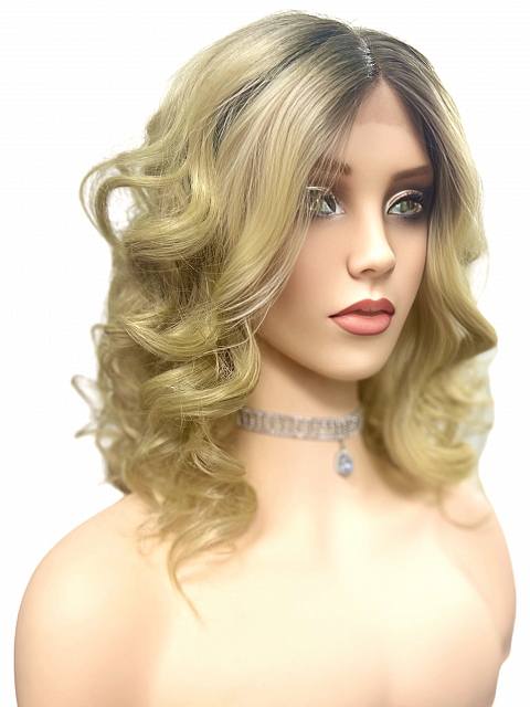 flirty Dark Blonde with Light Copper Blonde Highlights & Golden Brown Roots mid-length layered waves synthetic Lace Part  wig glp037