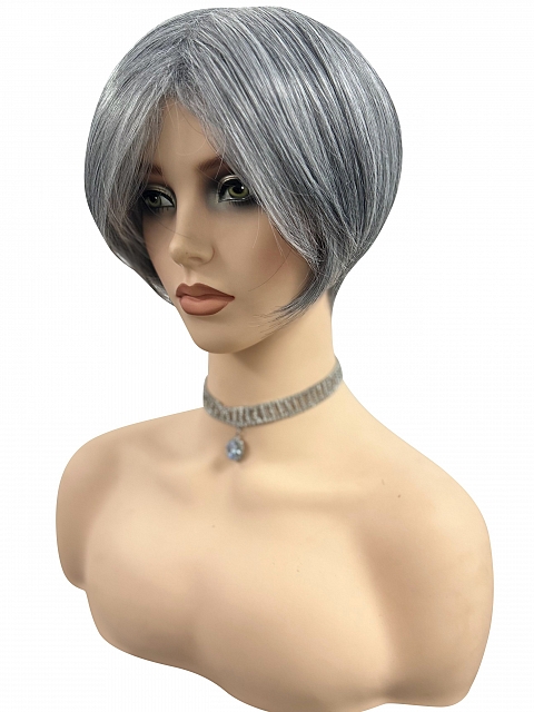 Grey with 40% white Blended short  length with full bangs bob Synthetic Wig (Basic Cap) GBC021