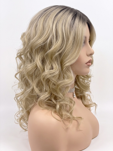 Glamvigor Hybrillia Blend Human Hair flirty Dark Blonde with Light & Golden Brown Roots mid-length layered waves  Lace Part  wig glp037