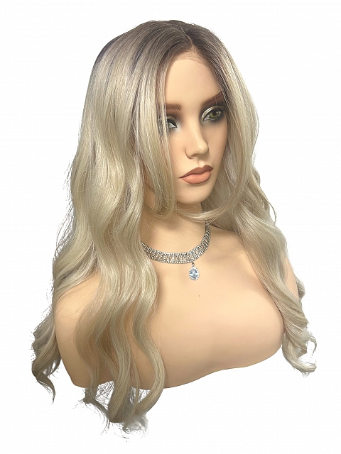 Glamvigor Hybrillia™ Blend Human Hair  Light Platinum Ombre Long Layered Wavy  Lace Part Wig GLP065