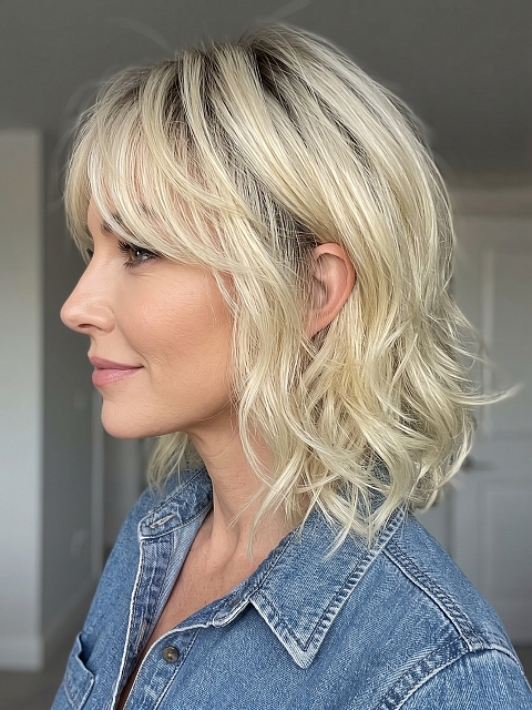 Glamvigor Hybrillia Blend Human Hair blonde ombre shoulder-length style with textured waves and a wispy fringe Lace wig GLP069